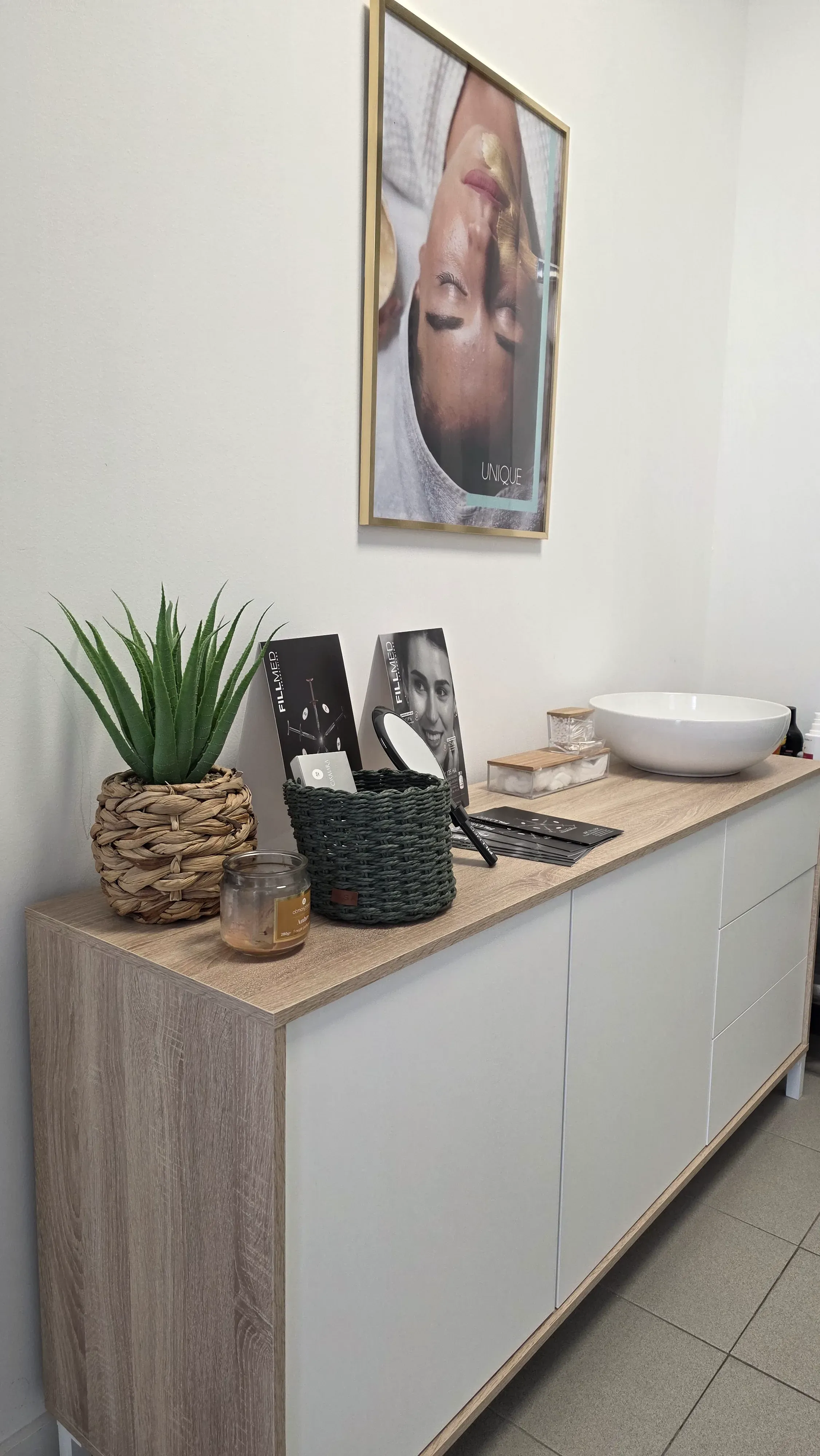evora reception desk with poster and decor